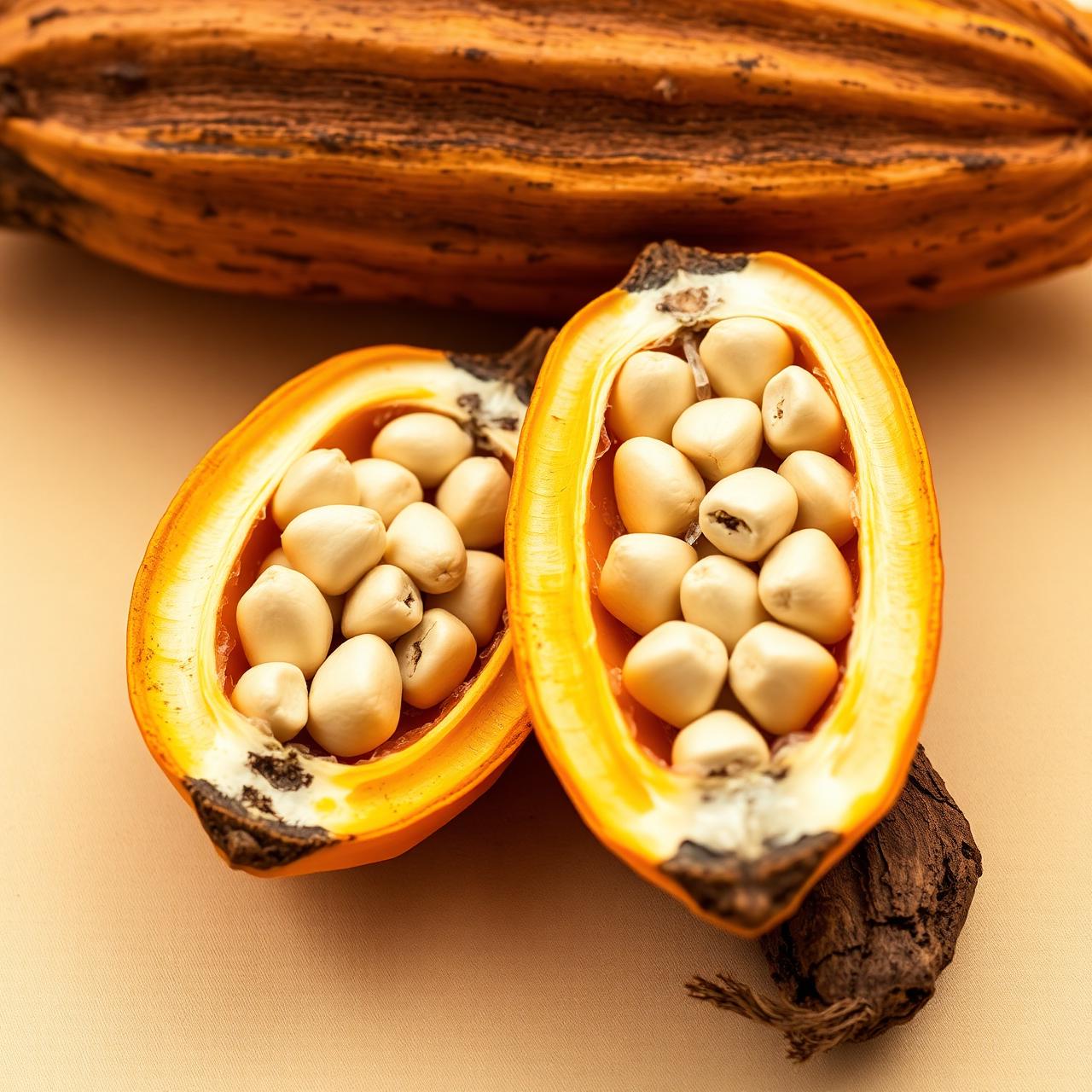 Mazorca de cacao abierta mostrando los granos