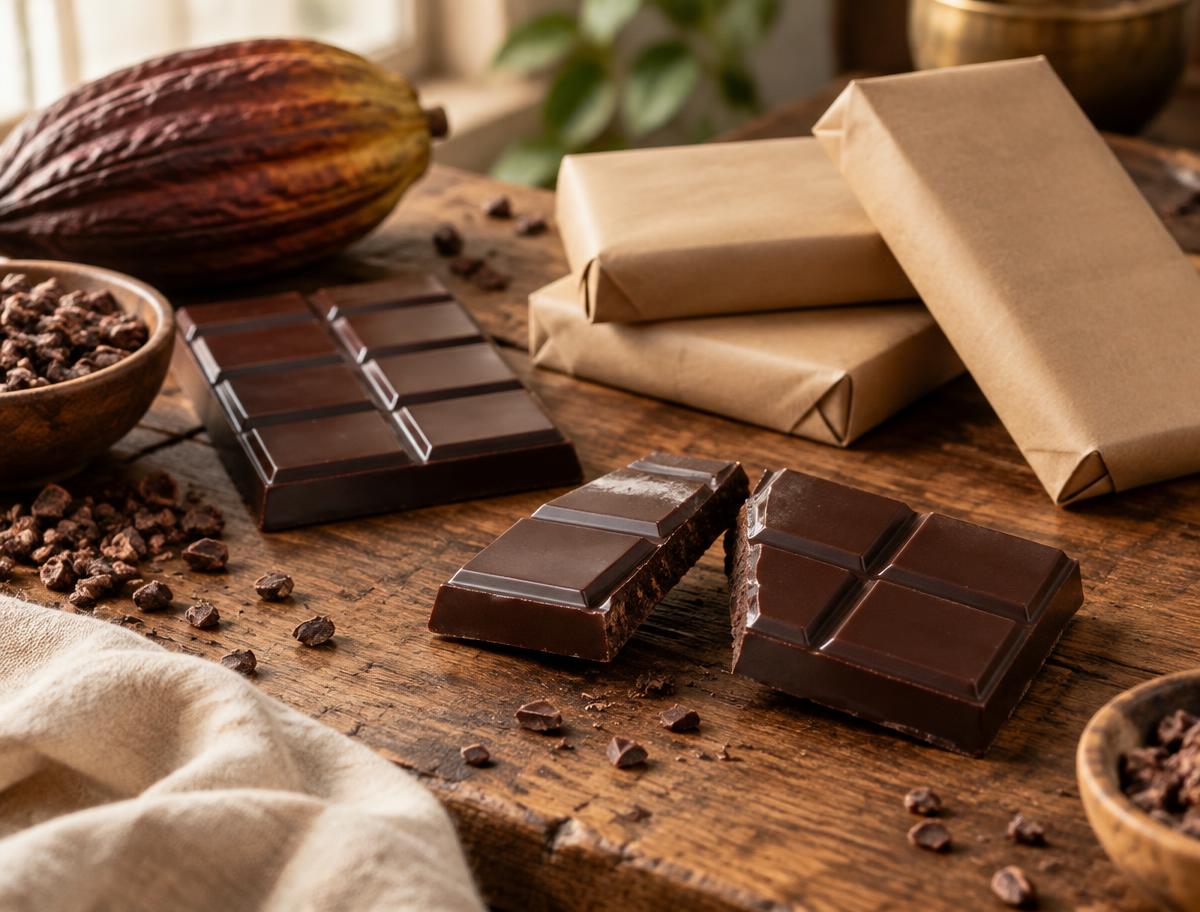 Barras de chocolate terminadas y empacadas, una quebrada a la mitad, junto a nibs y una mazorca de cacao
