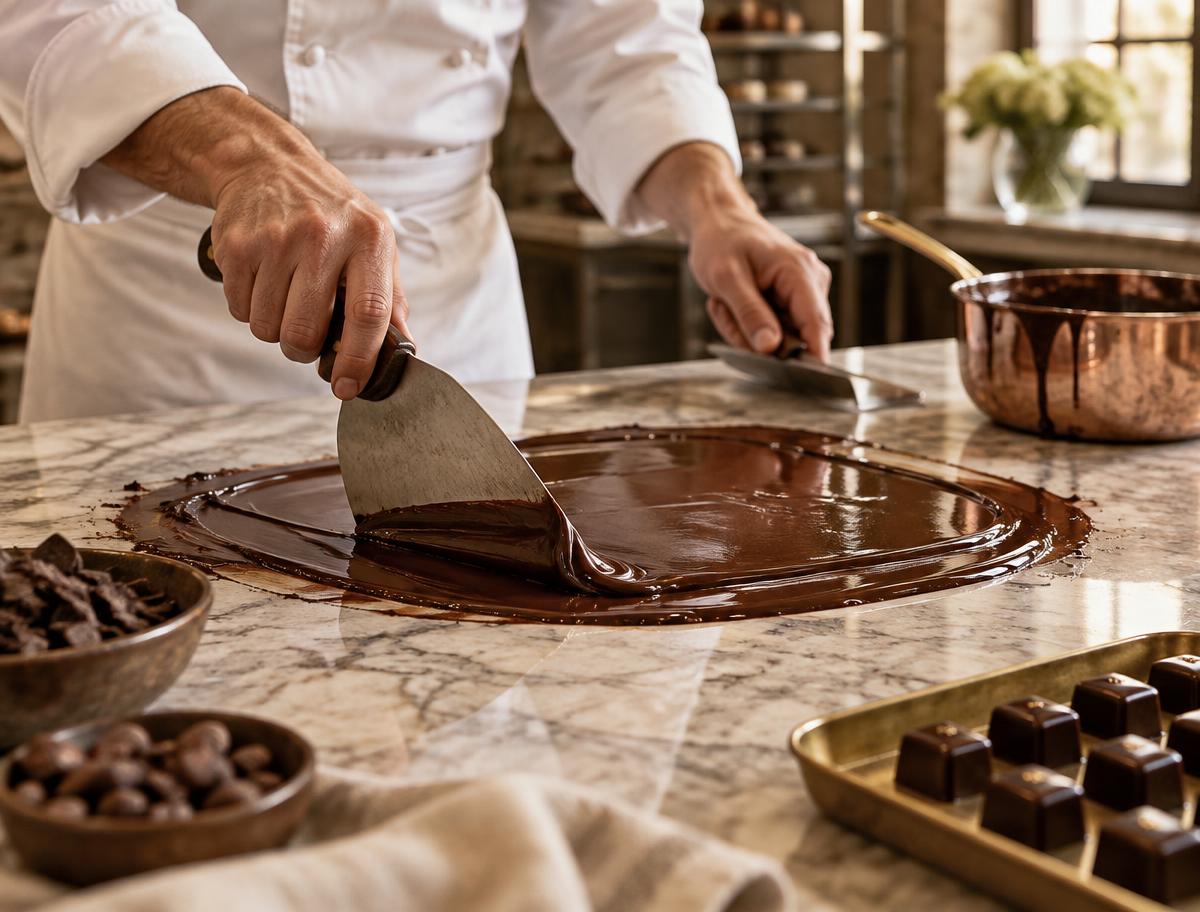 Chocolate fundido que se templa sobre una losa de mármol con espátula